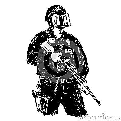 Drawing of the police stand alone in America Vector Illustration