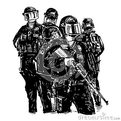 Drawing Police are standing to waiting the protesters in America Vector Illustration