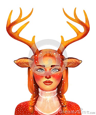 Drawing of a portrait of a deer girl. A girl with antlers, a fantasy creature, or a Christmas reindeer costume. Bright Cartoon Illustration