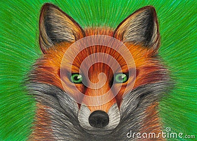 Drawing of portrait of red fox with green eyes on green background, closeup of orange animal, carnivor with beautiful colored fur Cartoon Illustration