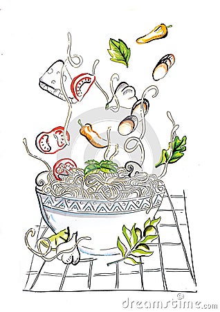 Drawing of preparation of pasta, Hand drawn black and white artwork. Cartoon Illustration