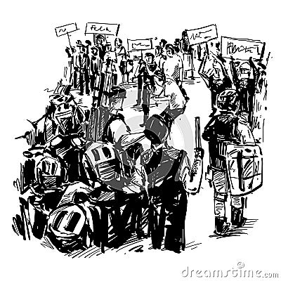 Drawing of the protesters are fighting with police in Hong Kong Vector Illustration