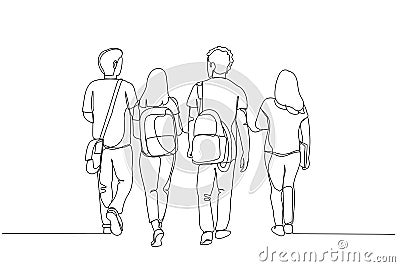 Drawing of rear view of a group of university students walking away. Continuous line art style Vector Illustration