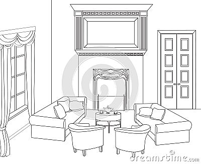 Drawing-room with fireplace. Editable vector furniture. Interior in retro style Vector Illustration