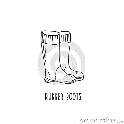 Drawing rubber boots in the style of doodle. Vector illustration of autumn shoes. Hand-drawn illustration Cartoon Illustration