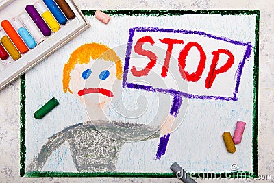 drawing: Sad boy holding a STOP sign in his hand Stock Photo