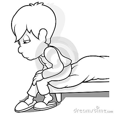 Drawing of a Sad Boy Sitting on the Corner of the Bed Vector Illustration