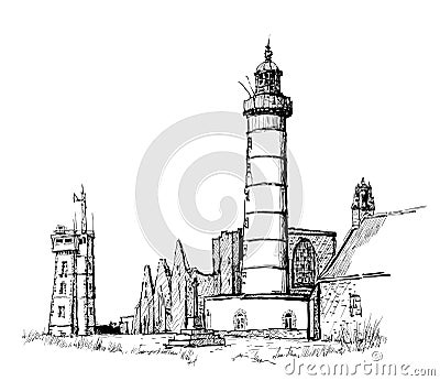 Drawing of Saint Mathieu lighthouse and old abbey ruins in Brittany, France Vector Illustration