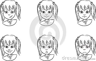 Drawing set of cartoon faces a child with various emotions moods and expressions black and white Vector Illustration