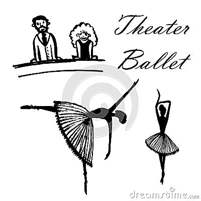 Drawing of a set of cartoon pictures spectators in the theater watching ballet, hand-drawn vector illustration Vector Illustration