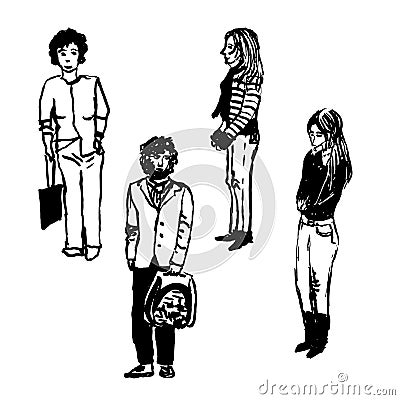 Drawing set of four figures of urban residents on the street, men and women,hand-drawn illustration Vector Illustration