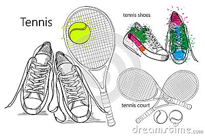 Drawing Set of objects sneakers with tennis racquet and ball, tennis court. Hand drawn and doodle footwear for Vector Illustration