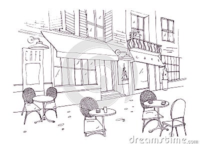 Drawing of sidewalk cafe or restaurant with tables and chairs standing on city street beside antique building with Vector Illustration