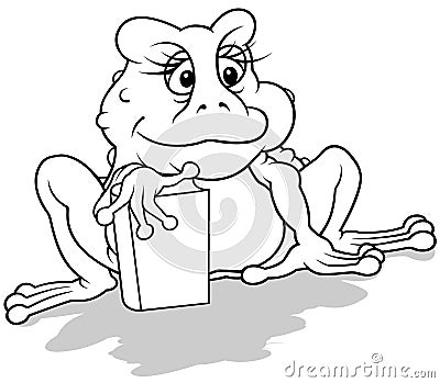 Drawing of a Sitting Frog Holding a Book Vector Illustration