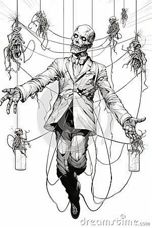 Drawing of skeleton in suit and tie with jar of dead bugs. Generative AI Stock Photo