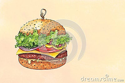 Drawing sketch of a burger drawn in watercolor on paper on bright background Stock Photo