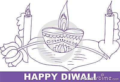Sketch of Burning Candle and Using Handmade DIya during Diwali Festival Celebration Editable Outline Illustration Vector Illustration