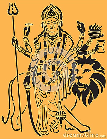 Sketch of Goddess Durgi or Durga Maa Sitting above the Tiger and Lion Killing Mahishasura Outline Editable Vector Illustration Vector Illustration