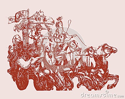 Sketch of the hindu epic Mahabharata`s Lord Krishna showing vishwaroopa and telling the Gita in a Kurukshetra War editable outlin Vector Illustration