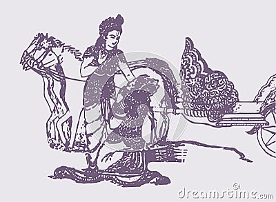 Sketch of the hindu epic Mahabharata`s Lord Krishna showing vishwaroopa and telling the Gita in a Kurukshetra War editable outlin Vector Illustration