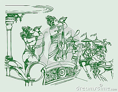 Sketch of the hindu epic Mahabharata`s Lord Krishna showing vishwaroopa and telling the Gita in a Kurukshetra War editable outlin Vector Illustration