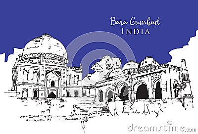 Drawing sketch illustration of Bara Gumbad, India Vector Illustration