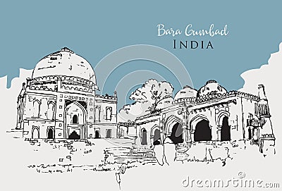 Drawing sketch illustration of Bara Gumbad, India Vector Illustration