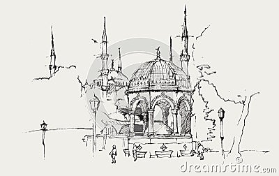 Drawing sketch illustration of the German Fountain and the Blue Mosque, Istanbul Vector Illustration