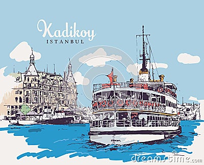 Drawing sketch illustration of Haydarpasa, Kadikoy, Istanbul Vector Illustration