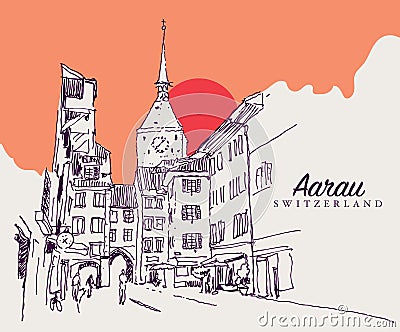 Drawing sketch illustration of a medieval street in Aarau, Switzerland Vector Illustration