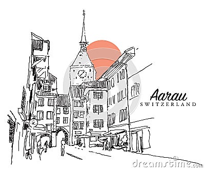 Drawing sketch illustration of a medieval street in Aarau, Switzerland Vector Illustration