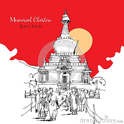 Drawing sketch illustration of the Memorial Chorten in Thimpu, Bhutan Vector Illustration