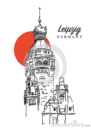 Drawing sketch illustration of the New Town Hall in Leipzig, Germany Vector Illustration