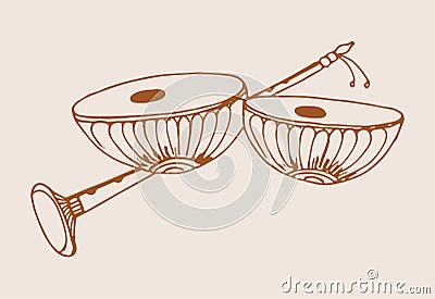 Sketch of Indian Traditional Music Instruments Shehnai, Dhol, Tabla editable outline illustration Vector Illustration