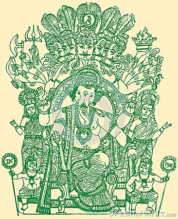 Drawing of Lord Ganesha with Siddhi Buddhi and Shiva Outline Editable Vector Illustration Vector Illustration