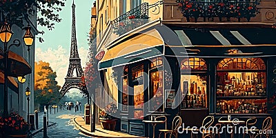 A drawing, a sketch of a Parisian street, cafes, shops, beautiful season, charming atmosphere, ai generative Stock Photo