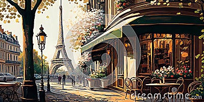 A drawing, a sketch of a Parisian street, cafes, shops, beautiful season, charming atmosphere, ai generative Stock Photo