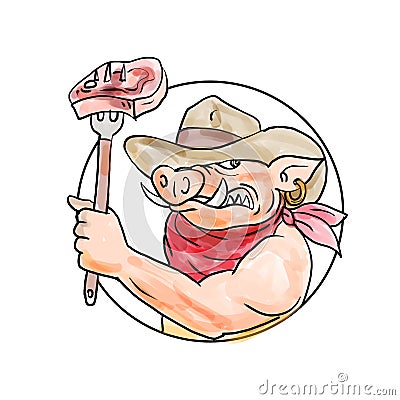 Cowboy Hog Holding Barbecue Steak Drawing Color Cartoon Illustration