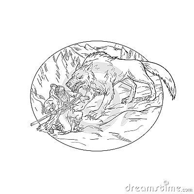 Fenrir Attacking Norse God Odin Drawing Black and White Vector Illustration