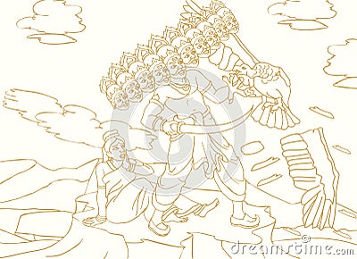 Sketch of Ten Headed Ravana Cutting the Jatayu or Eagle Wings in a Ramayan Outline Editable Vector Illustration Vector Illustration