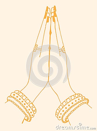 Sketch of two hand of indian lady doing namaste. Welcome gesture of hands of Indian woman Editable Illustration Vector Illustration