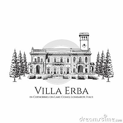 drawing sketch Villa Erba Lake Como Vector Illustration