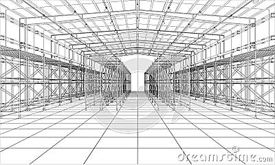 Drawing or sketch of warehouse with shelves Cartoon Illustration