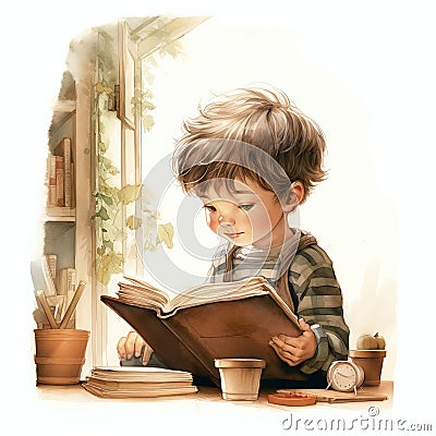 Drawing of a small reading boy, sitting on his table Cartoon Illustration