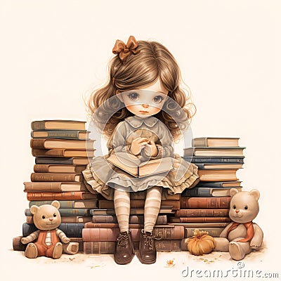 Drawing of a small reading girl, sitting on a pile of books Cartoon Illustration