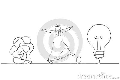 Drawing of smart arab businessman walking away from mess chaos line to simple lightbulb idea. Simplify idea. Continuous line art Vector Illustration