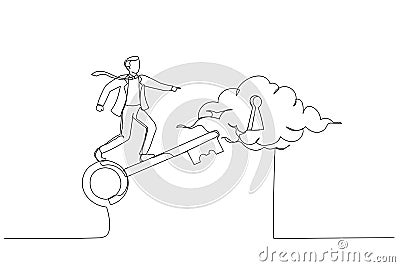 Drawing of smart businessman riding flying golden key to discover success keyhole. Metaphor for discovering success, unlock secret Vector Illustration