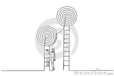 Drawing of smart businessman about to climb up ladder to achieve short term goal. Metaphor for focus on short term goal to achieve Vector Illustration