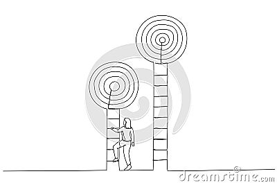 Drawing of smart businesswoman about to climb up ladder to achieve short term goal. Metaphor for focus on short term goal to Vector Illustration