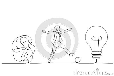 Drawing of smart businesswoman walking away from mess chaos line to simple lightbulb idea. Simplify idea. Single continuous line Vector Illustration